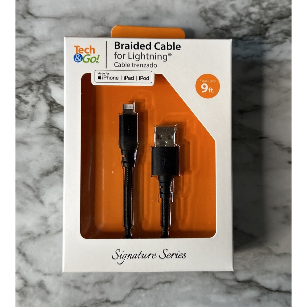 Tech & Go 9ft USB Braided Charge Cable for iPhone iPad iPod - NEW SEALED - Black